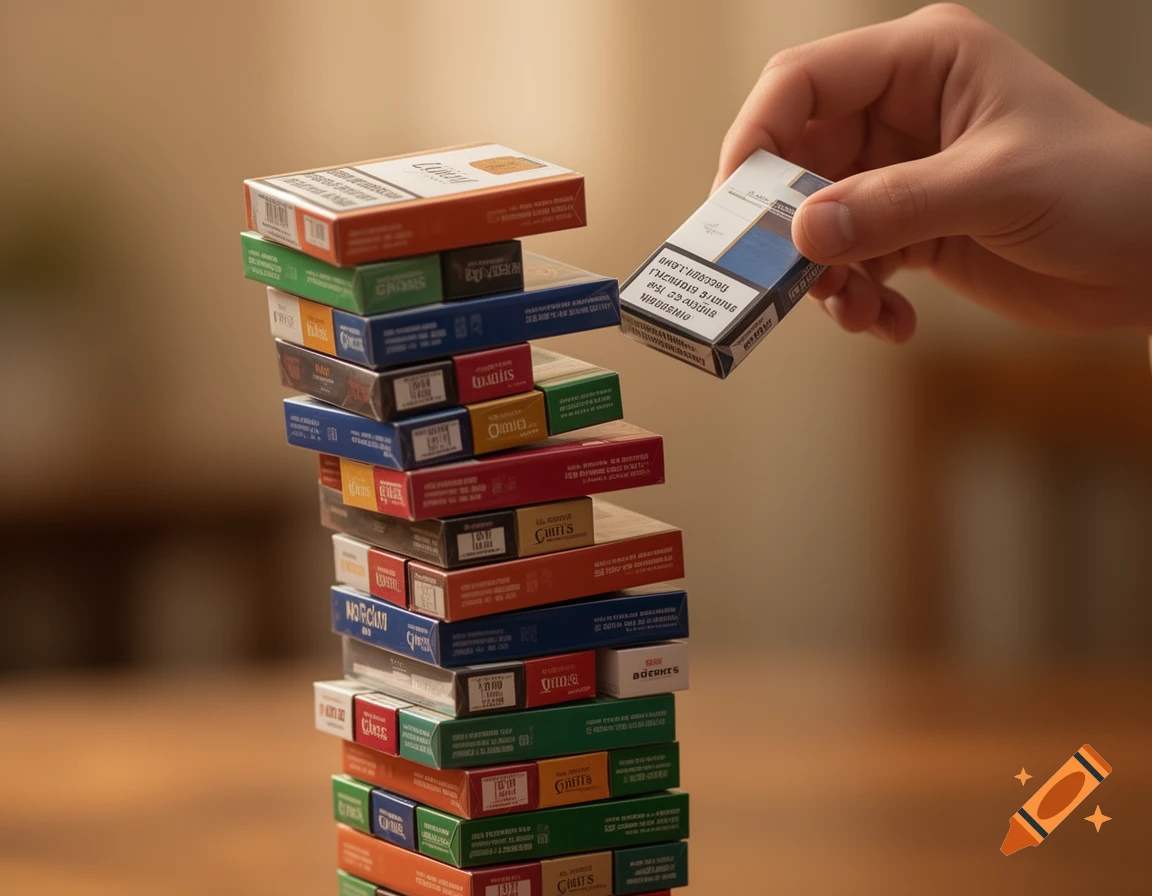 A hand carefully removes a cigarette pack from a tall, colorful stack resembling a Jenga game, against a blurred background.