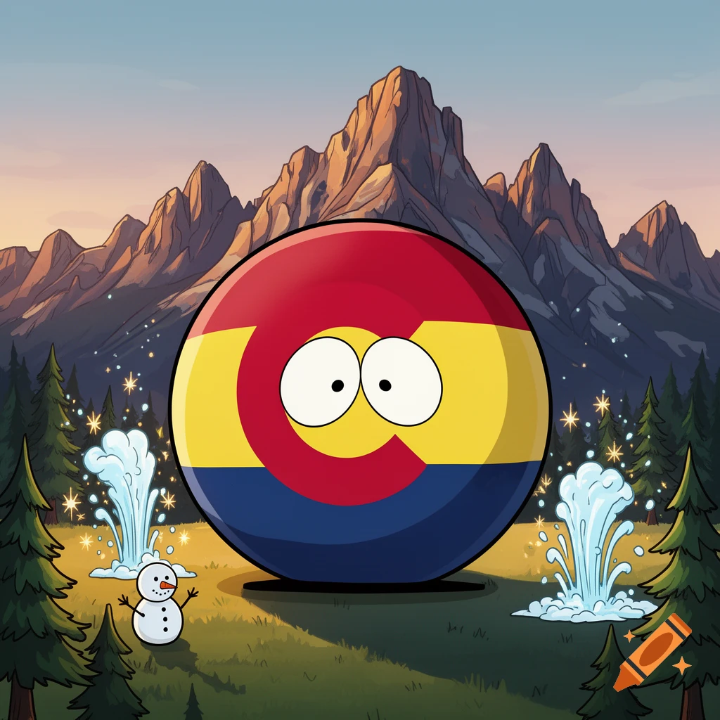 A South Park style Colorado countryball with cartoon eyes stands in a mountainous landscape with a snowman and geysers.