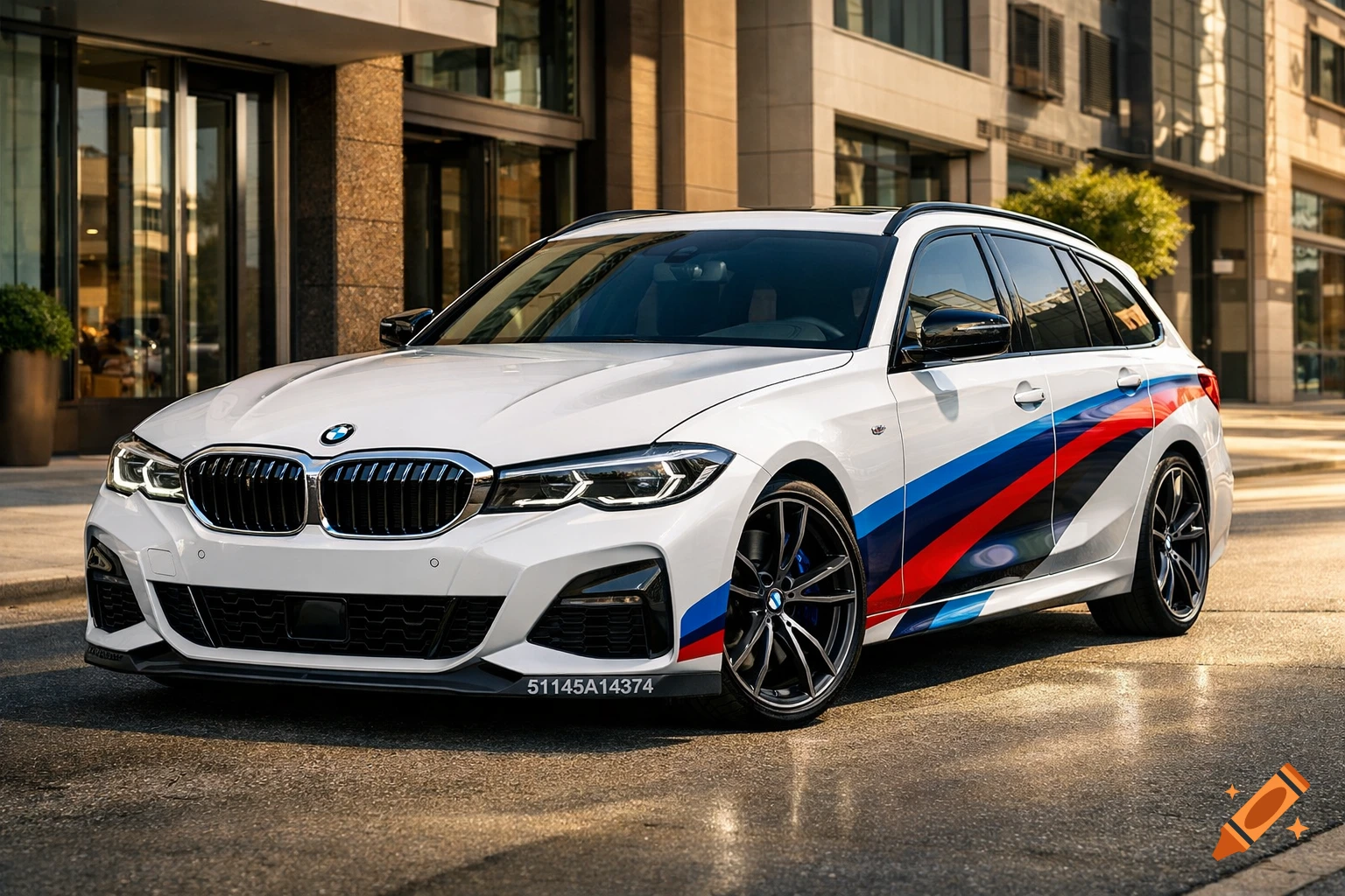 A white BMW G21 wagon with M Sport package and M Performance livery, featuring a red, blue, and light blue stripe design, parked on a city street.