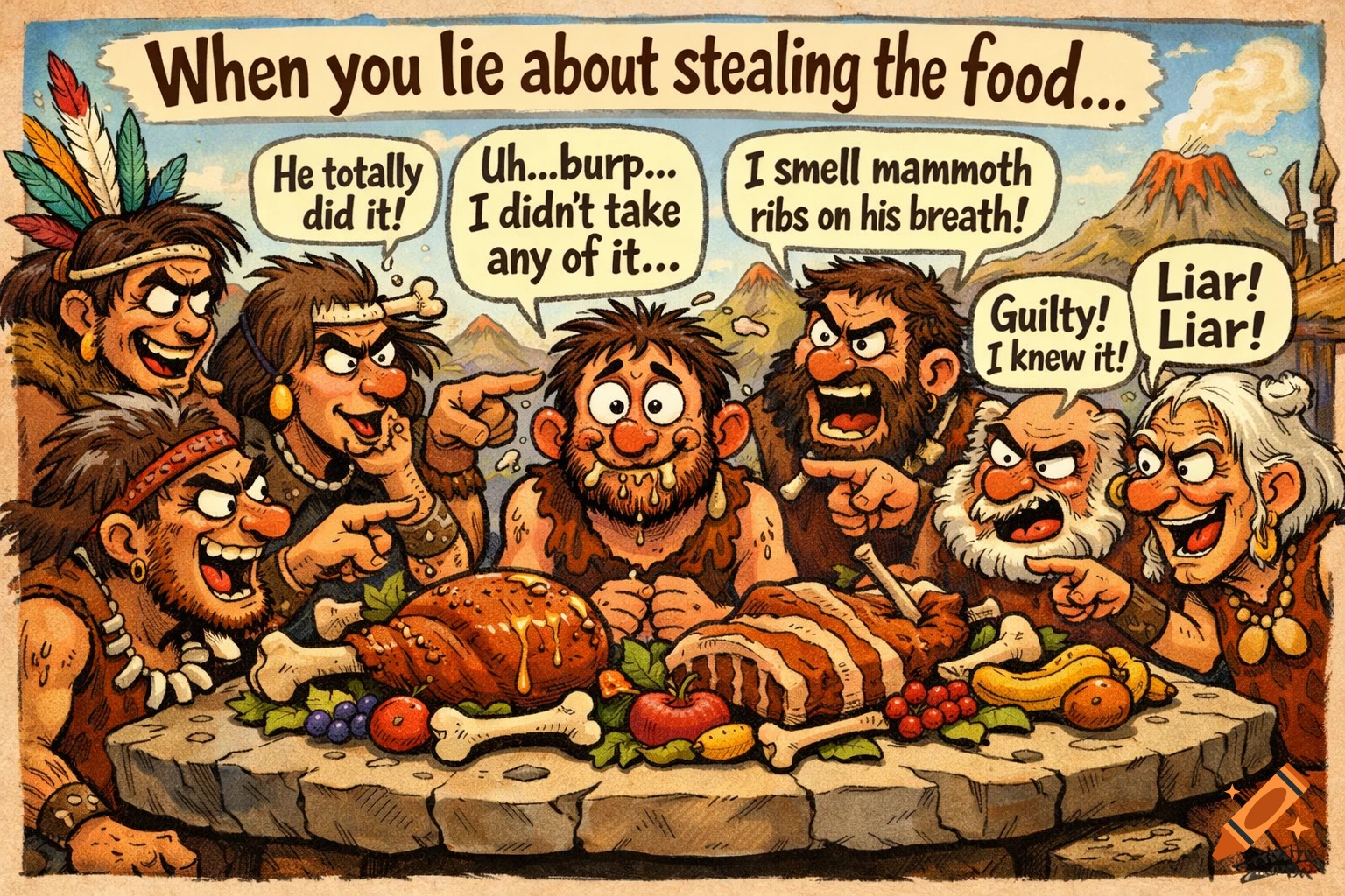 Colorful cartoon of cavemen at a prehistoric feast, accusing a guilty-looking caveman of stealing food, with speech bubbles.