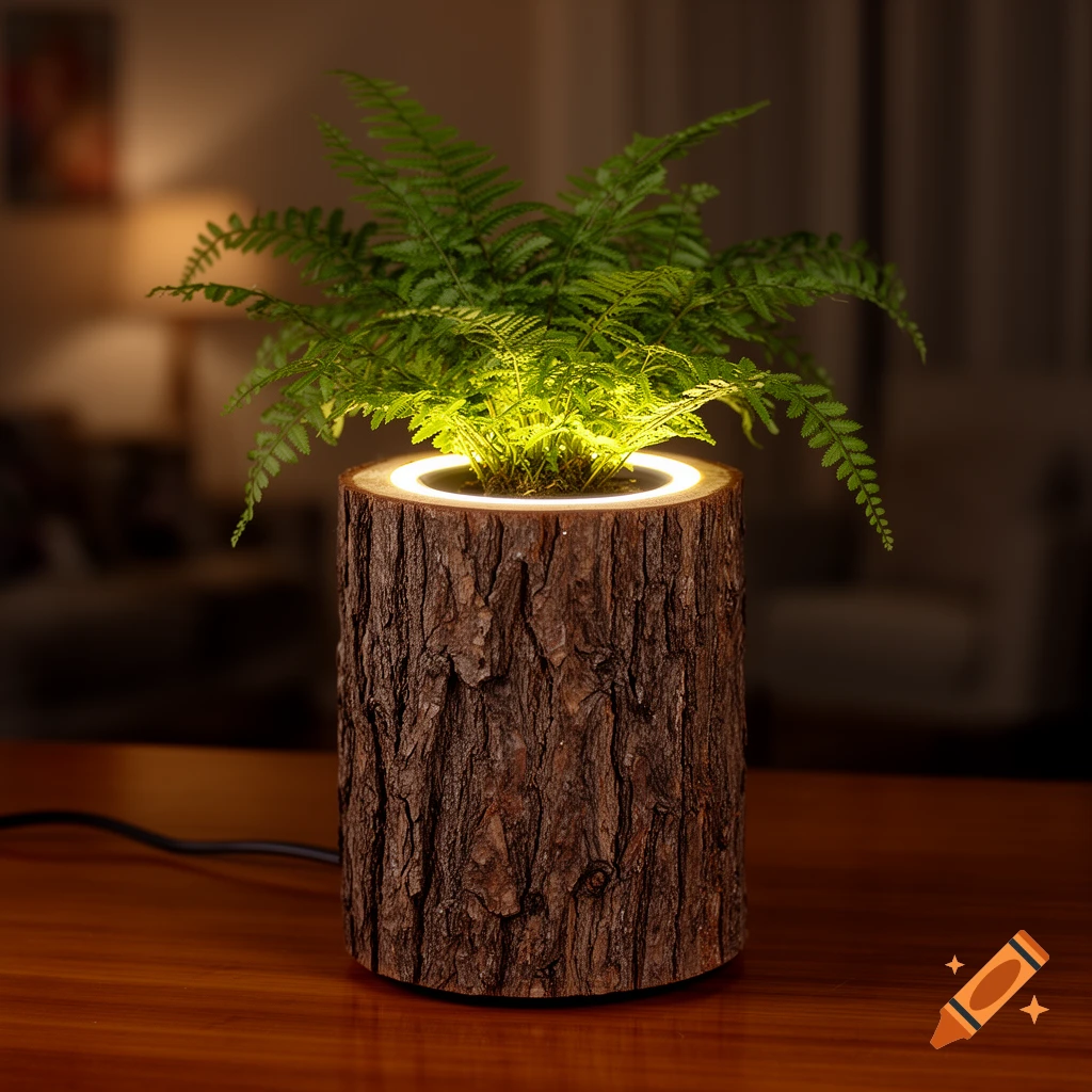 A fern plant in a rustic, hollowed-out log table lamp with a glowing LED rim, sitting on a wooden surface in a softly lit room.