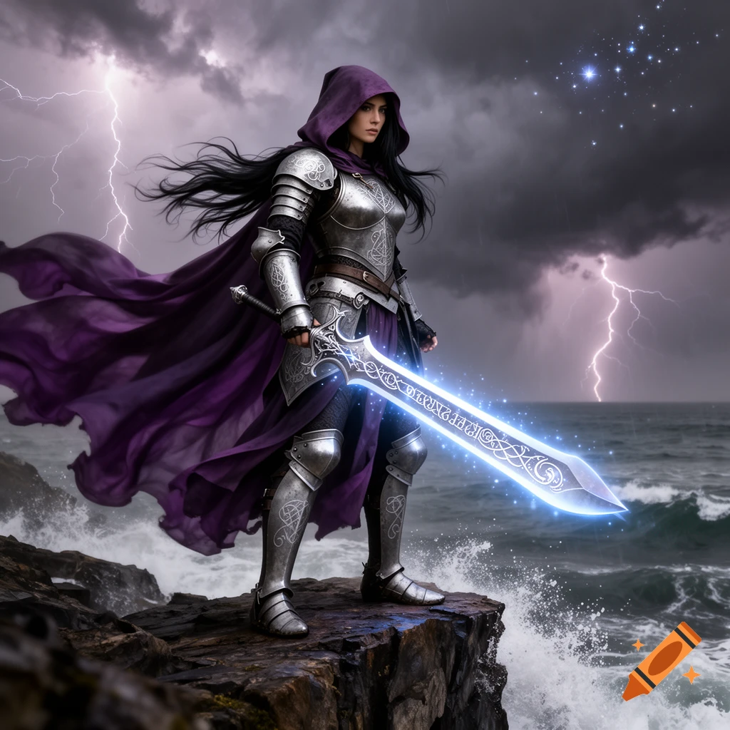 A female knight in silver armor with a flowing purple cape stands on a rocky cliff holding a glowing magical sword during a thunderstorm.