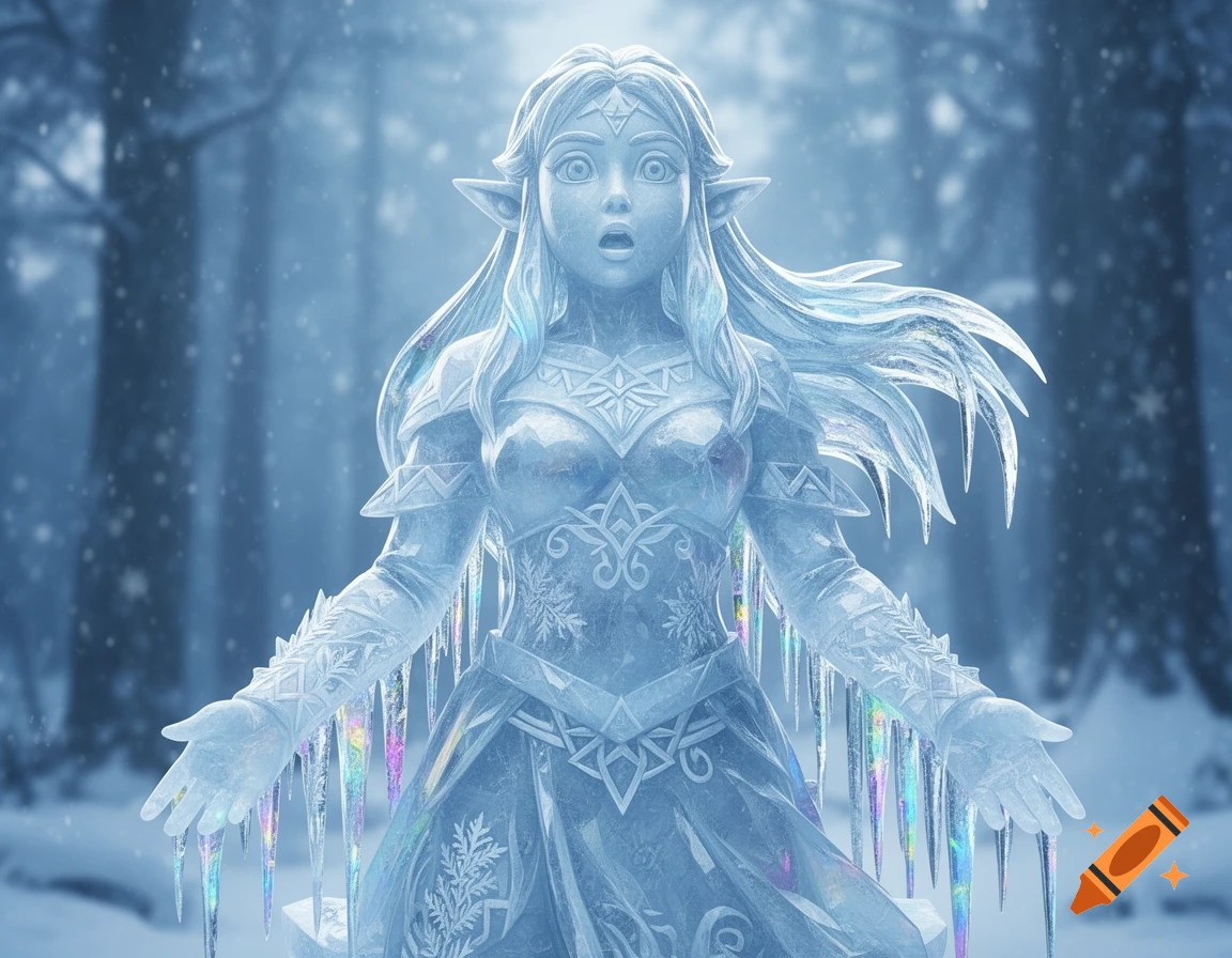 Ice statue of Zelda from Breath of the Wild, surprised expression, with colorful icicles in a snowy forest.