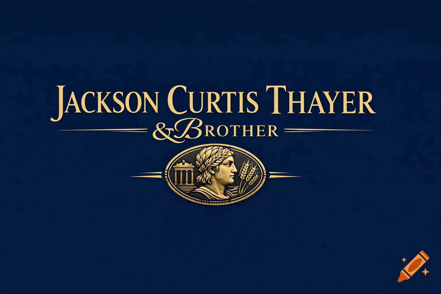 A gold and dark blue logo features the text "JACKSON CURTIS THAYER & BROTHER" above an oval emblem depicting a classical bust of a person with a laurel wreath, flanked by a building and wheat stalks.