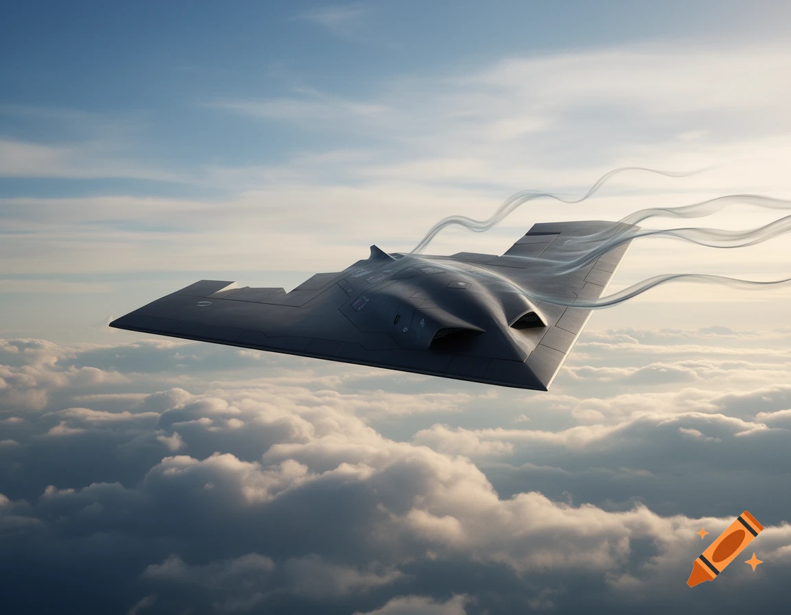 A dark, sleek stealth aircraft with a bat-like shape flies above a vast expanse of white clouds under a bright blue sky.