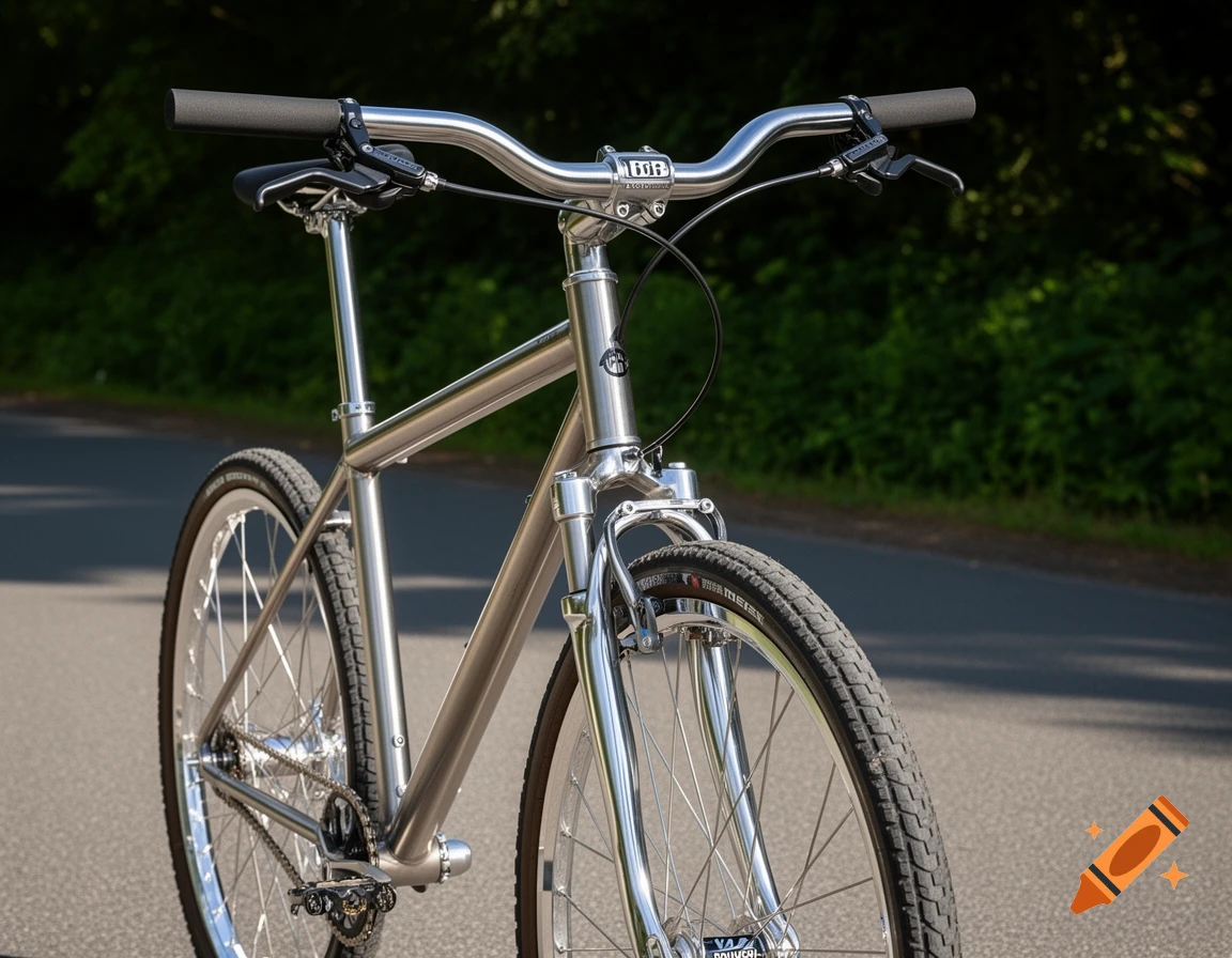 A polished silver bicycle with black handlebars and tires, parked on an asphalt road with green trees in the background.