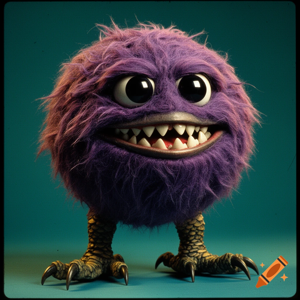 A fluffy purple monster puppet with big black eyes, shark teeth, and scaly bird feet, in a retro 80s style.