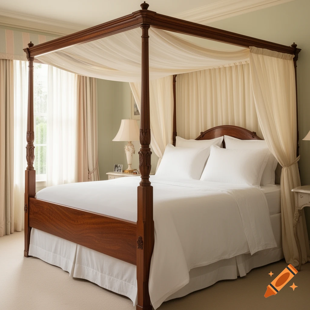 A luxurious wooden four-poster canopy bed with white sheets and pillows in a classic, sunlit bedroom.