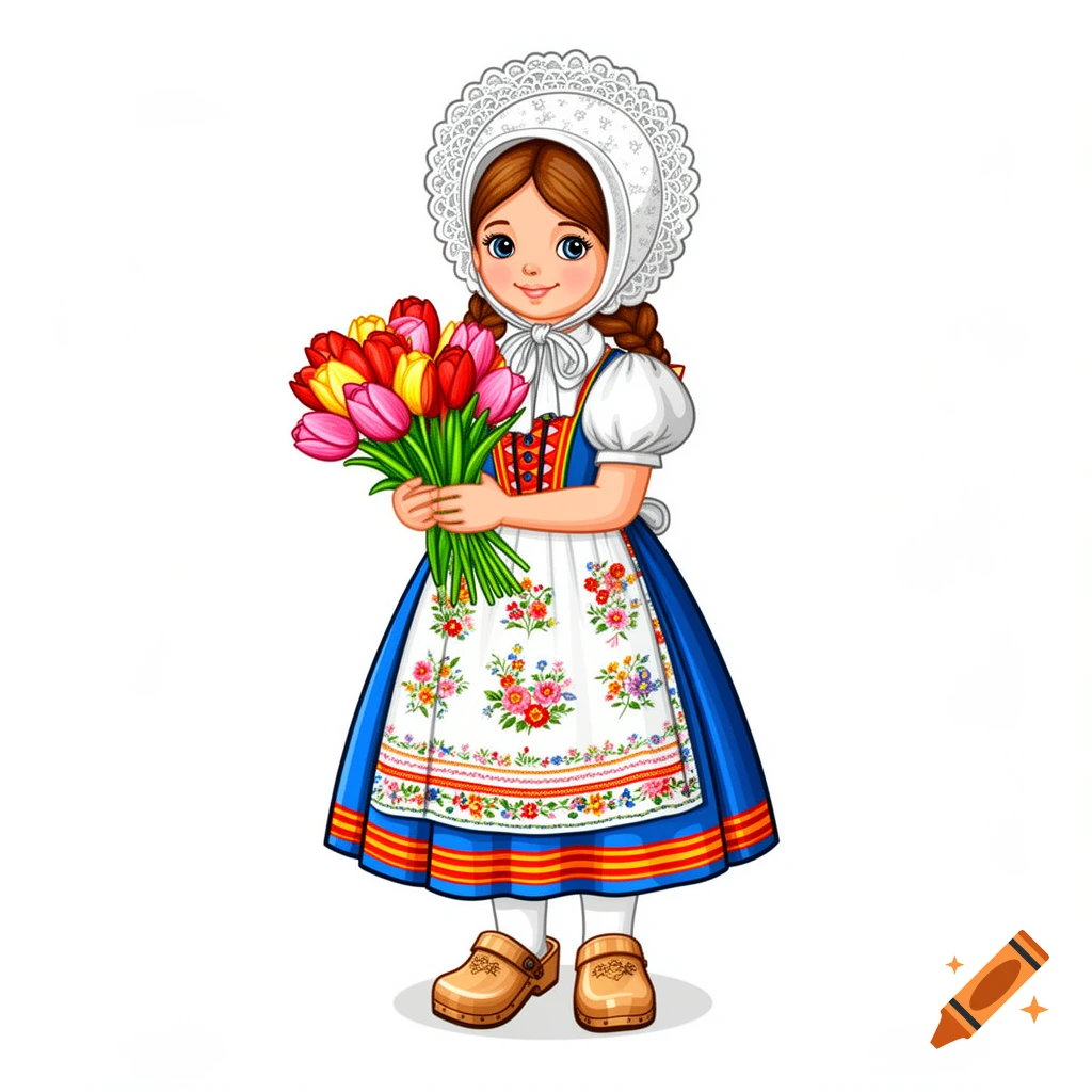 A smiling cartoon girl in traditional Dutch costume, including a white lace bonnet, blue dress with embroidered apron, and wooden clogs, holding a bouquet of colorful tulips.