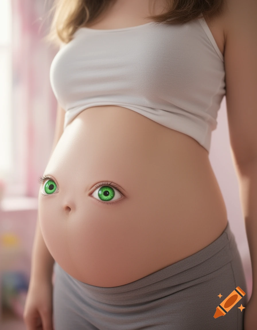 A pregnant woman's bare belly with two large green eyes and a small puckered mouth on its surface.
