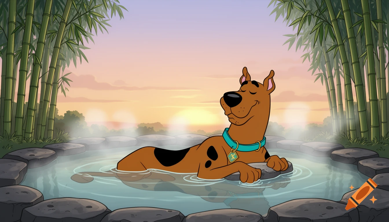 Scooby-Doo relaxes in a steaming hot spring bath surrounded by bamboo trees at sunset, in 2D animation.