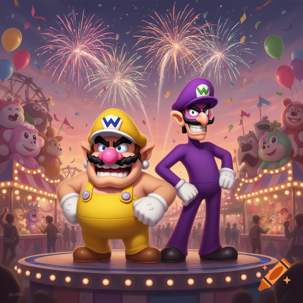 Wario and Waluigi pose on a stage at a festive carnival with colorful fireworks exploding in the night sky above them.