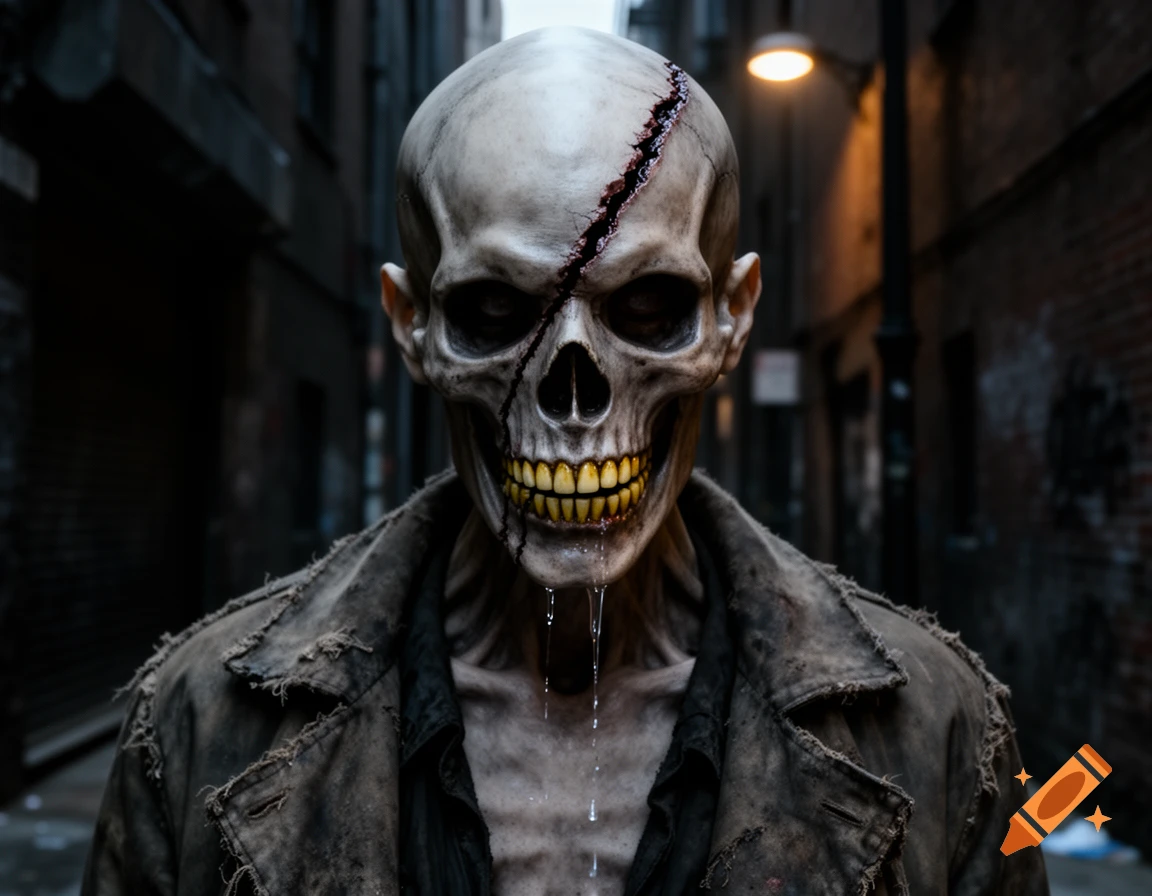 A close-up of a grotesque skull-faced zombie with yellow, rotten teeth, a scarred head, and drool, wearing a tattered jacket in a dark alley.