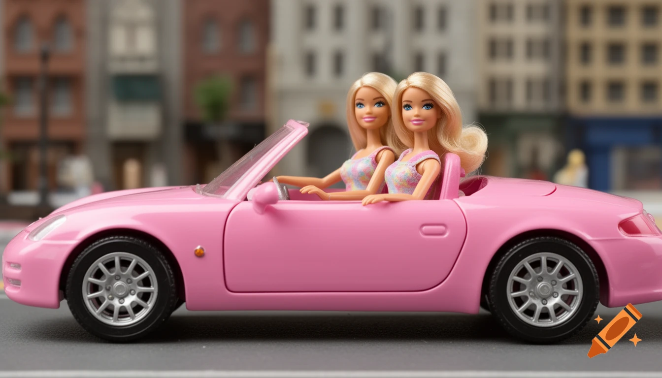Two blonde Barbie dolls in colorful tops sit in a pink convertible car on a street, with blurred buildings in the background.