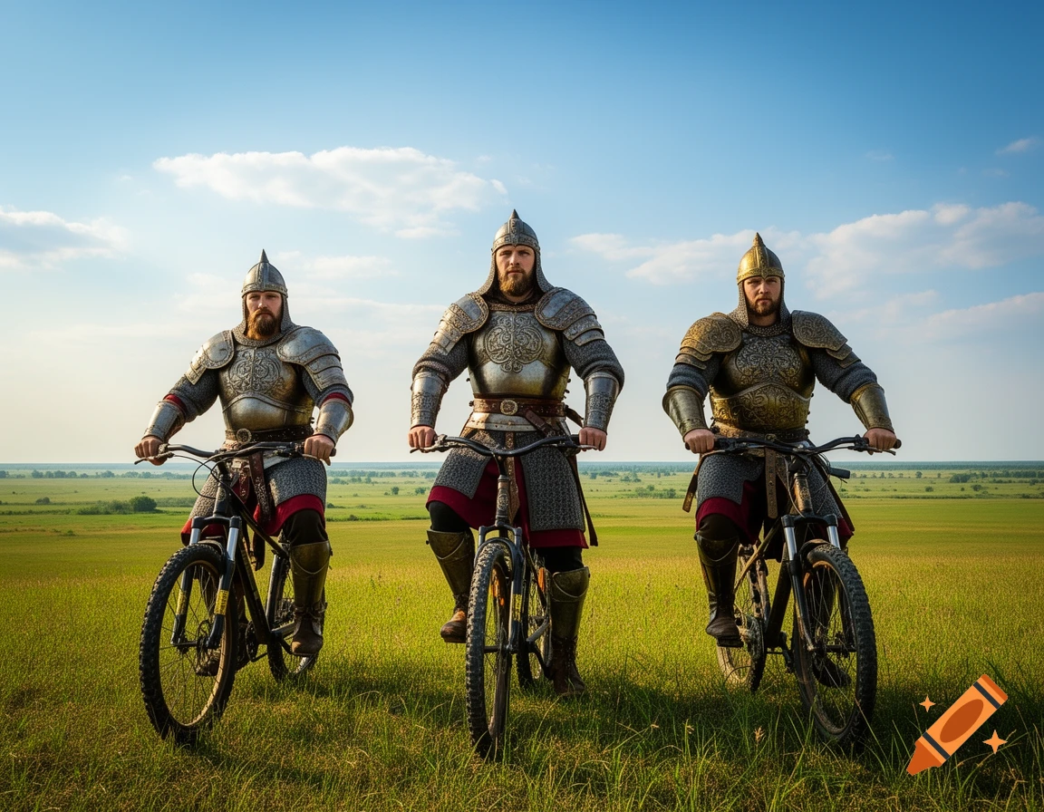 Three bearded men in elaborate historical armor riding mountain bikes across a green field under a clear blue sky.