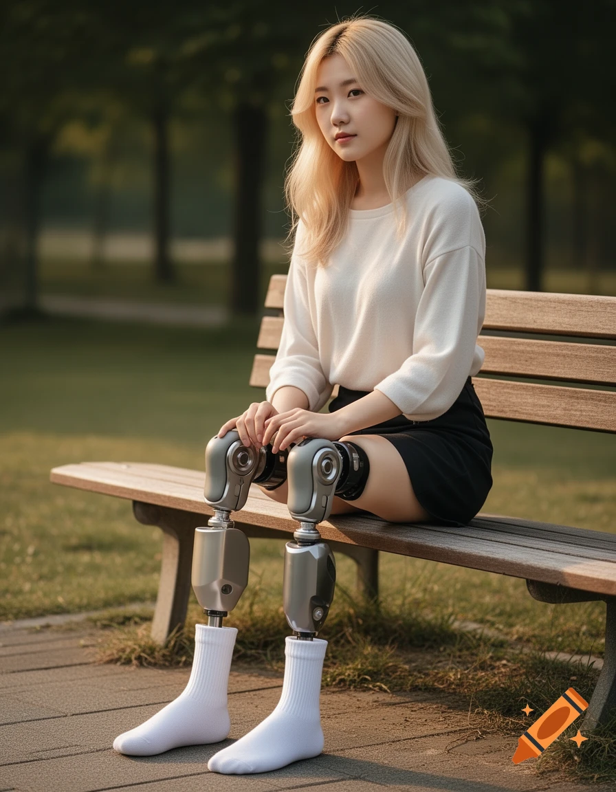 Photorealistic portrait of a young blonde Korean woman with prosthetic legs, wearing white socks, sitting on a park bench.