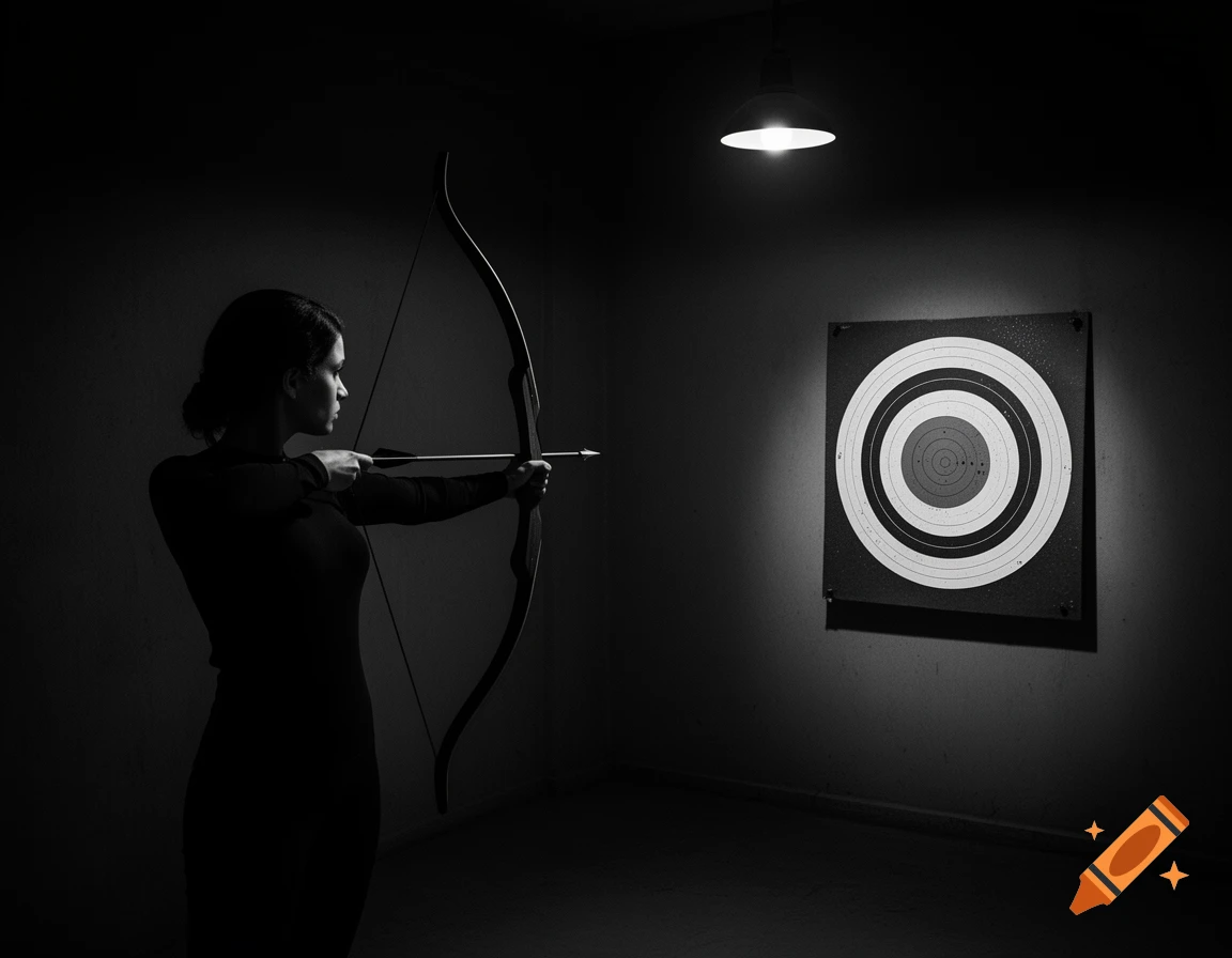A woman archer aims her bow at an Olympic target in a dark, dramatically lit room, in black and white.