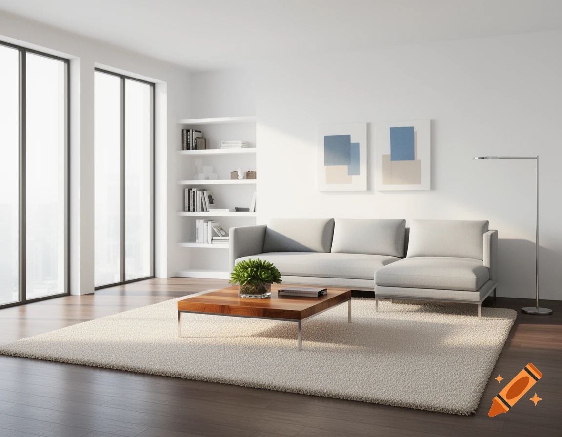 A bright, modern living room with a light gray sectional sofa, a wooden coffee table, a cream shag rug, and large windows.