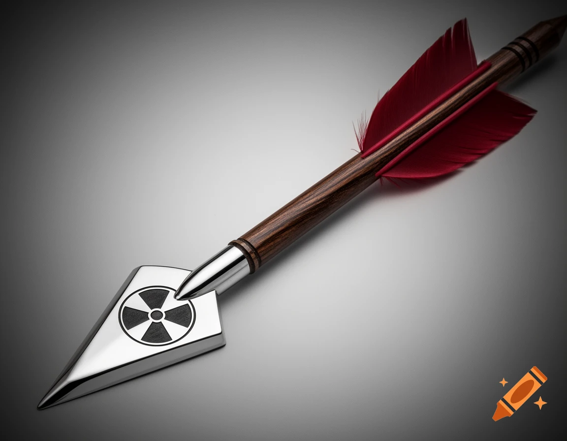 Photorealistic arrow with a wooden shaft, red fletching, and a metallic tip bearing a nuclear symbol on a gray background.