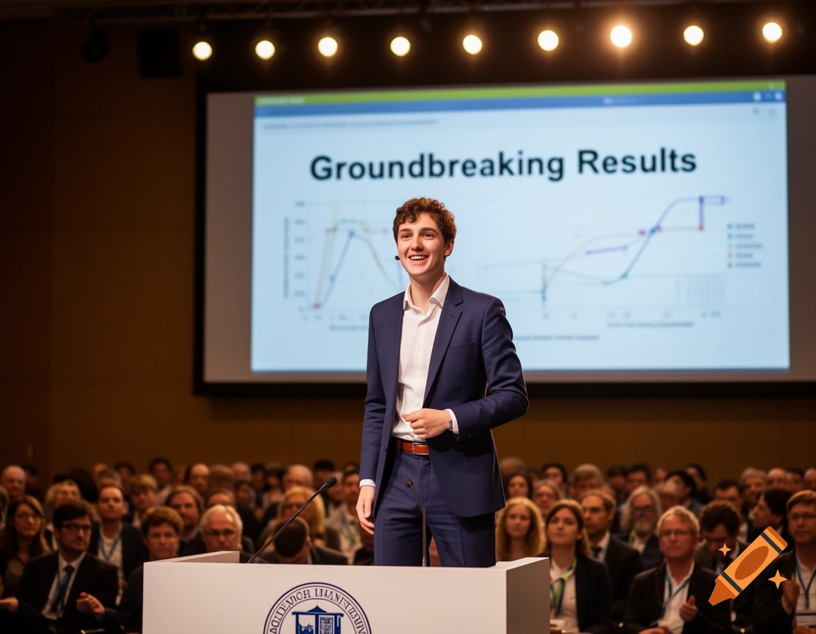 A smiling young man in a suit presents 'Groundbreaking Results' on a screen to an audience at a conference.