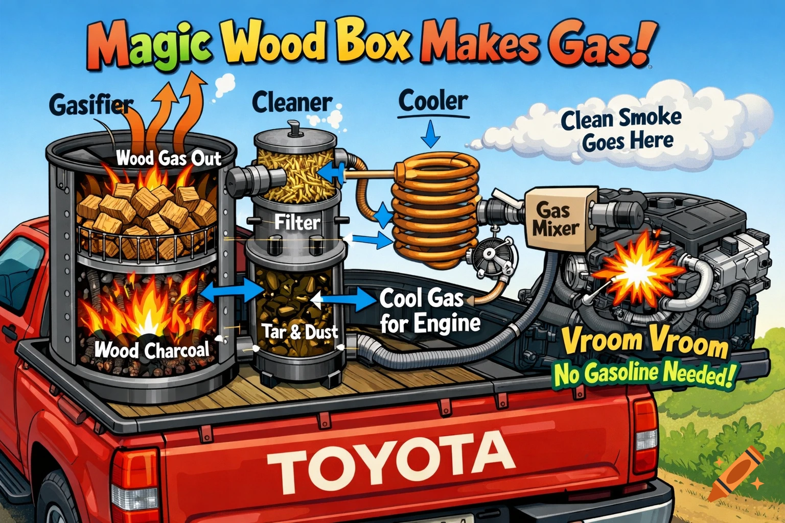A cartoon diagram shows a wood gasifier system installed on the bed of a red Toyota pickup truck, converting wood to gas to power the engine.