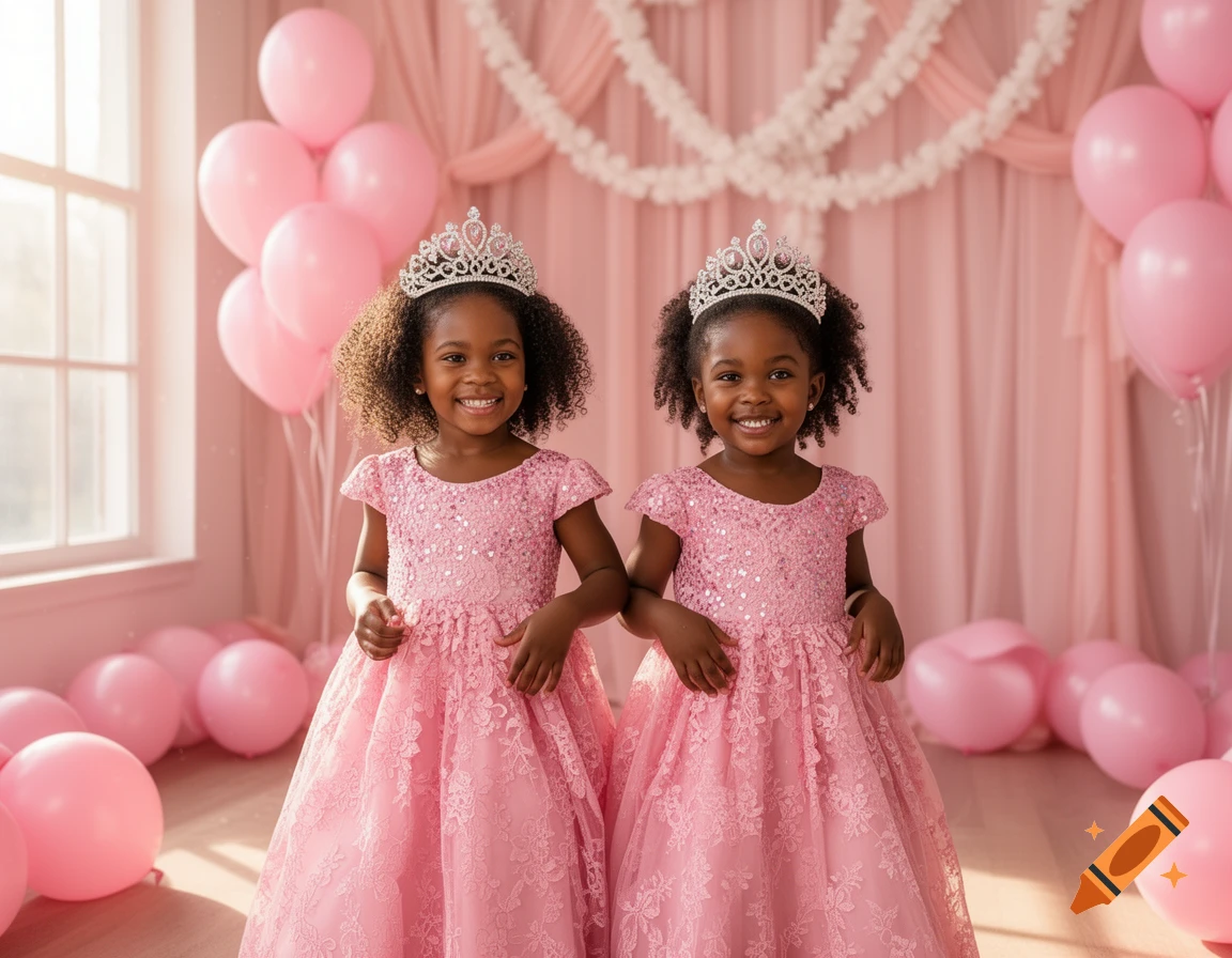 Two smiling Black girls in pink princess dresses and tiaras pose in a pink party room with balloons.
