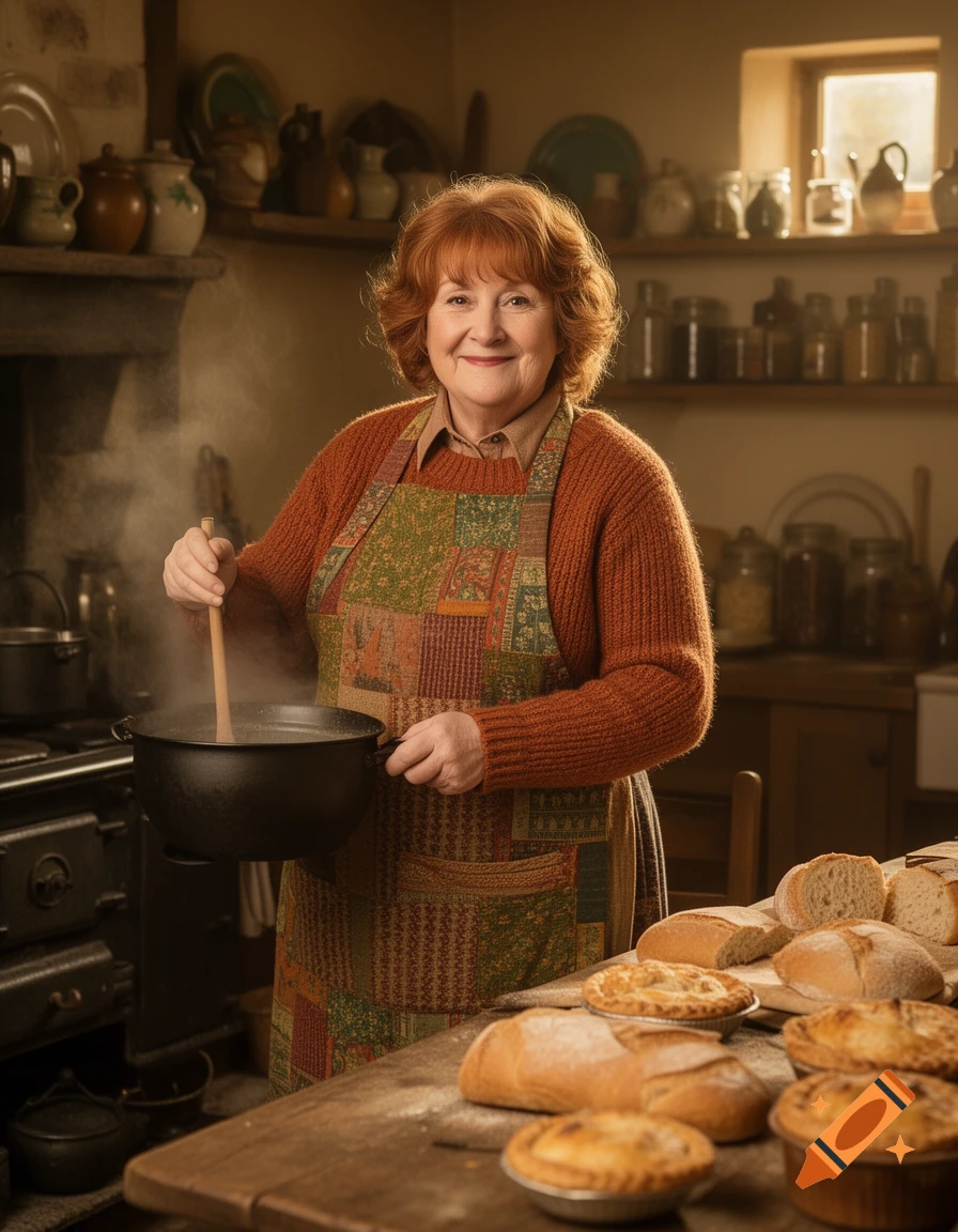 A smiling older woman in a patched apron stirs a pot in a rustic kitchen, with fresh bread and pies on a wooden table.