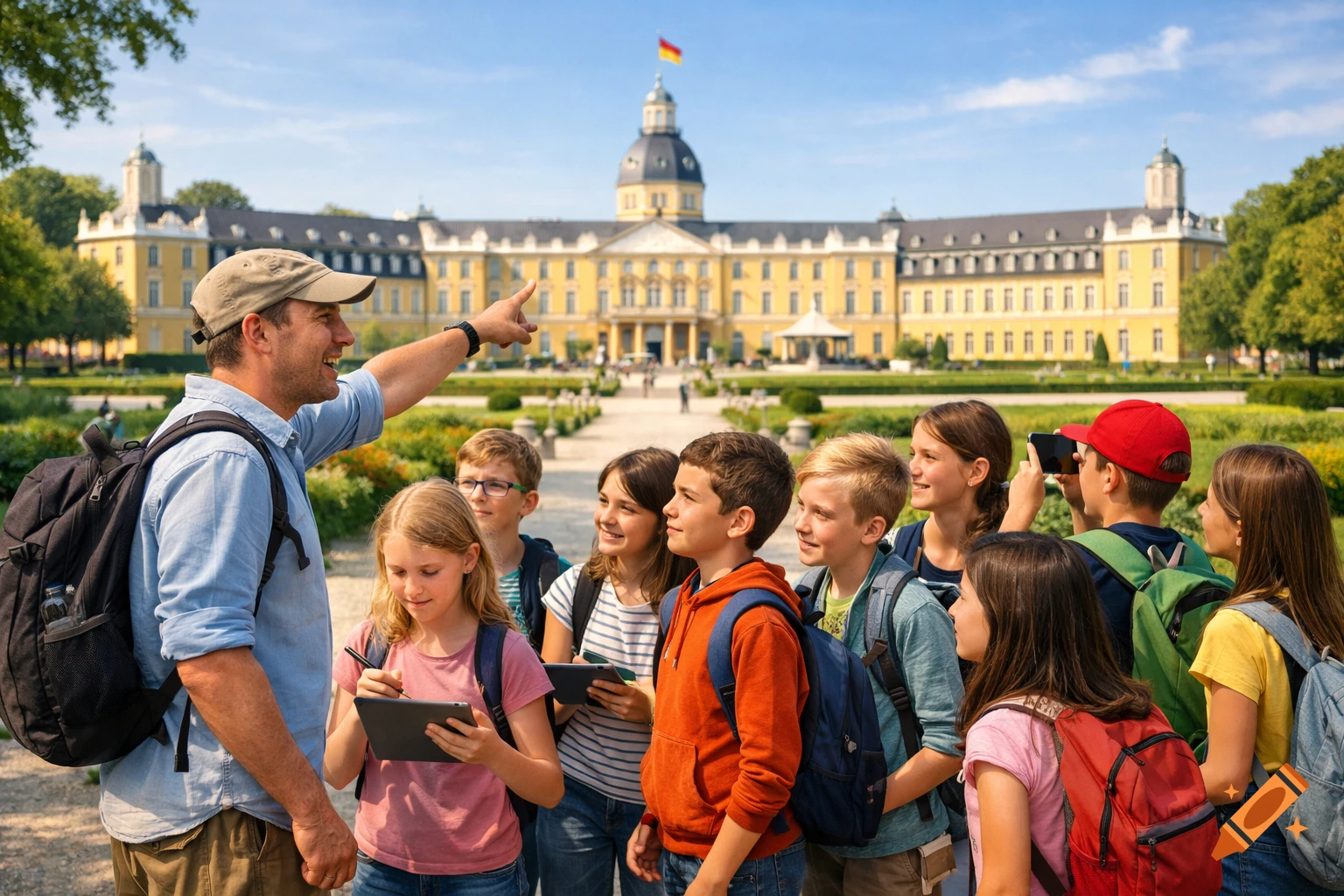 A male tour guide points at a yellow palace to a group of school children with backpacks and tablets in a sunny garden.