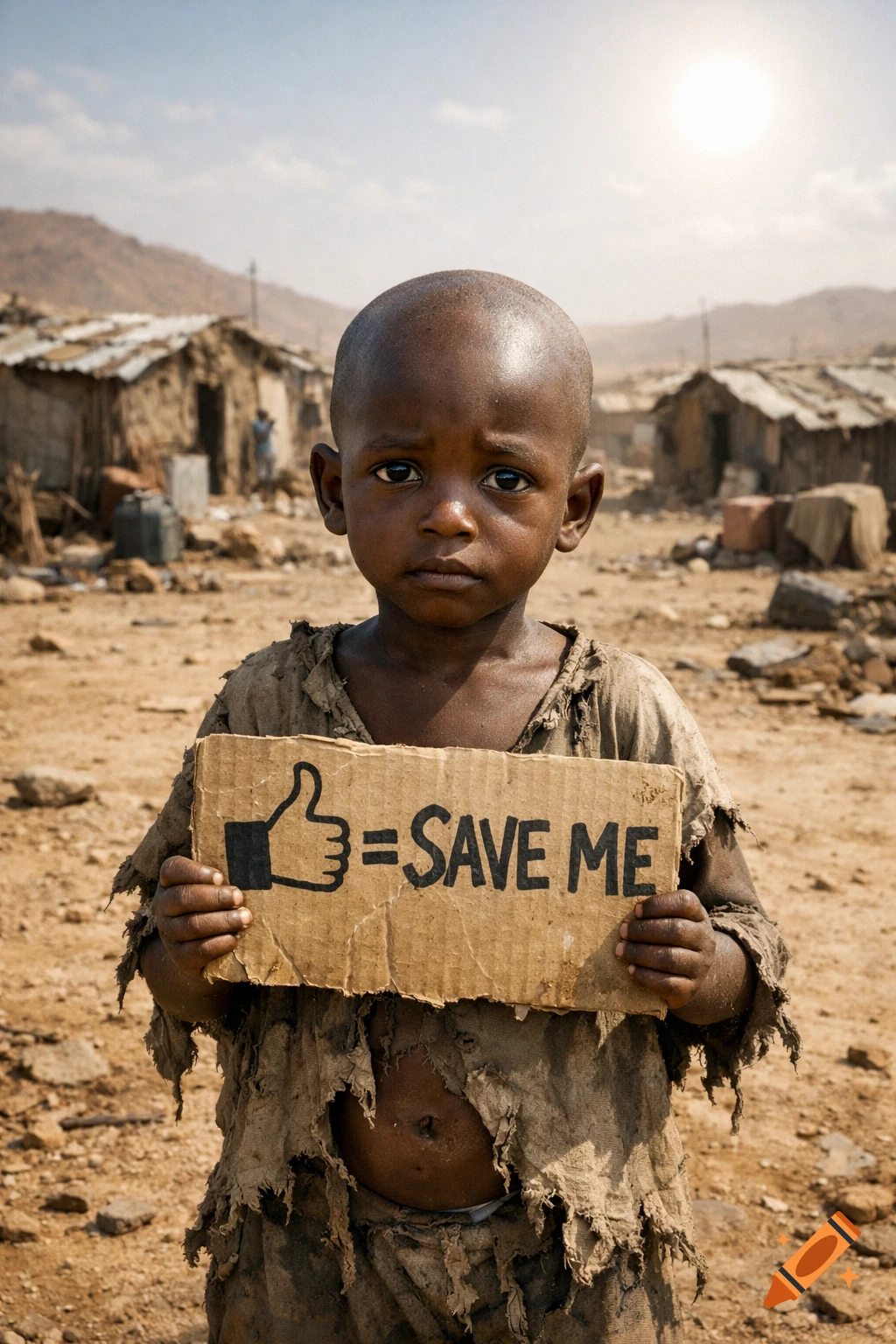 A young, bald, Black child with a sad expression, wearing rags in a dusty village, holding a cardboard sign that reads "👍=SAVE ME".