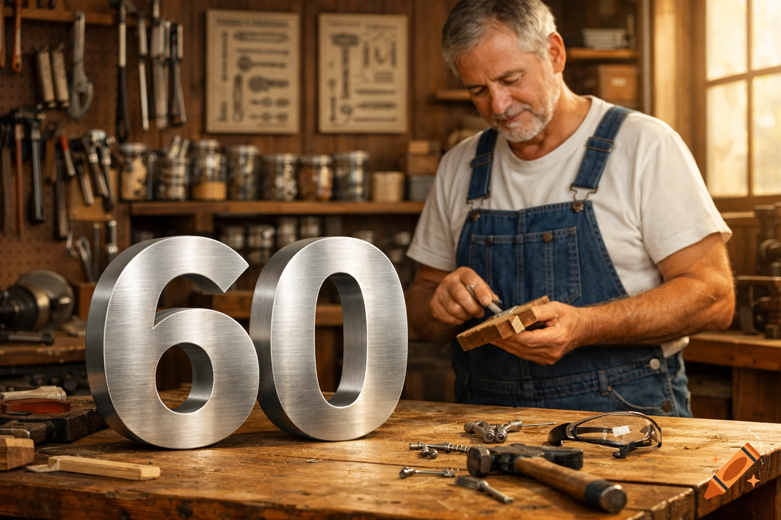 Photorealistic image of an older man in denim overalls working on wood in a rustic workshop, with large metallic numbers '60' in the foreground.