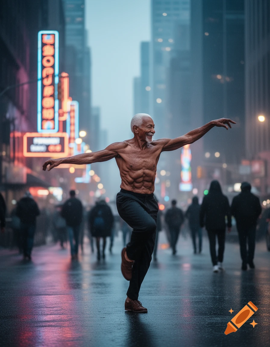 An elderly, fit man with a six-pack dances on a wet city street at night, arms outstretched, amidst neon signs and blurred pedestrians.