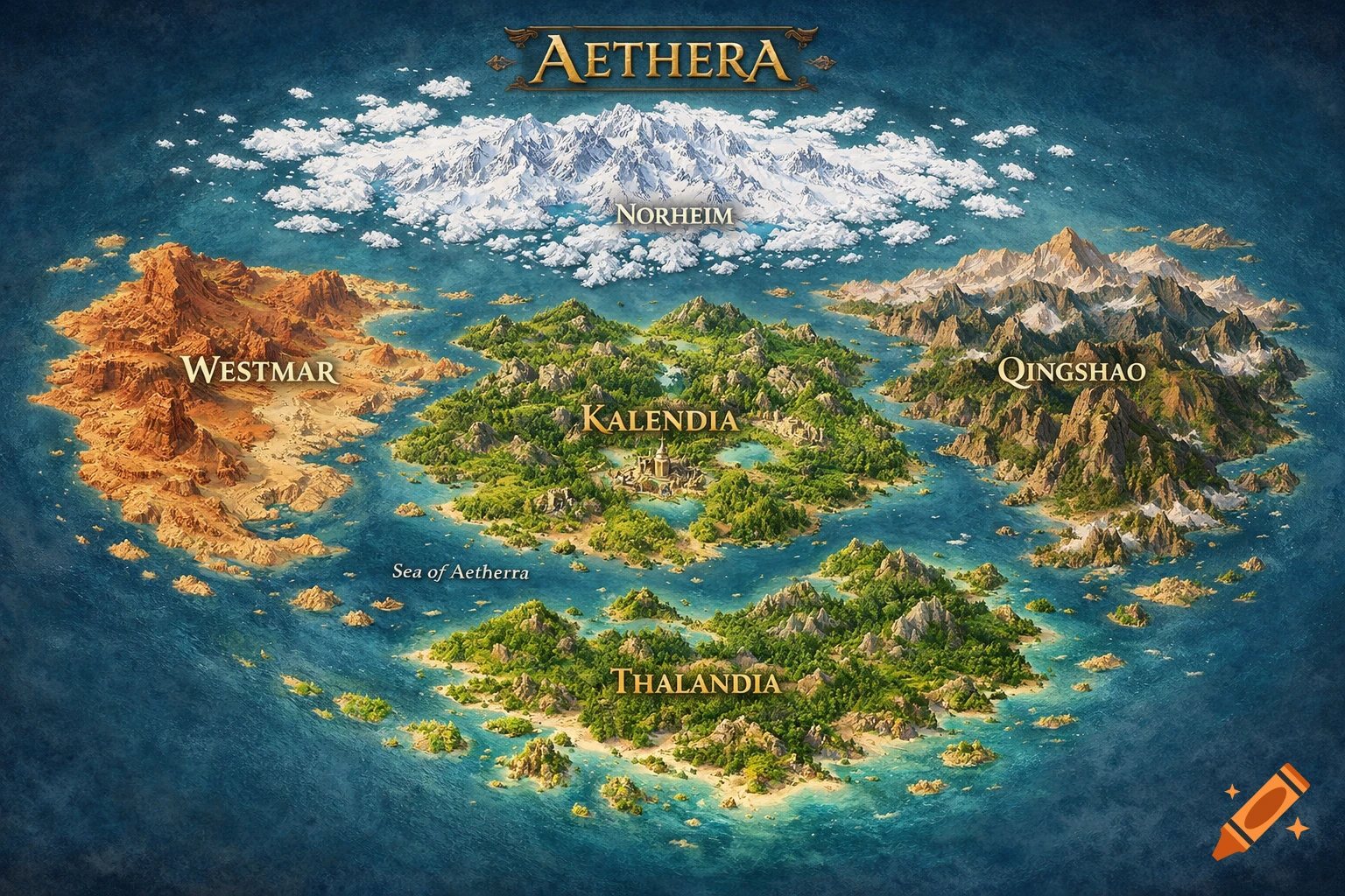 An overhead view of a fantasy world map with five continents: icy Norheim, desert Westmar, green Kalendia, mountainous Qingshao, and tropical Thalandia, surrounded by ocean.