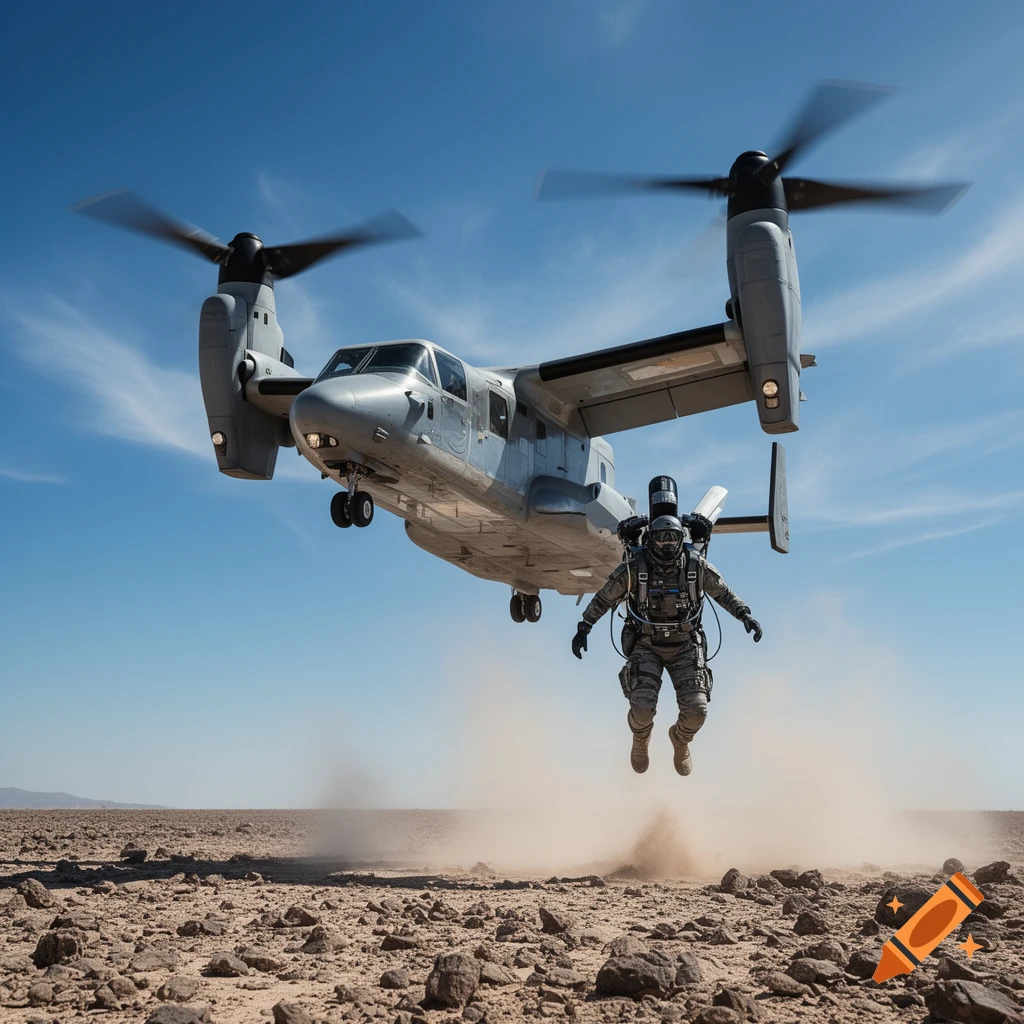 Photorealistic image of a V-22 Osprey aircraft flying low over a rocky desert, with a person in a jetpack flying beneath it.