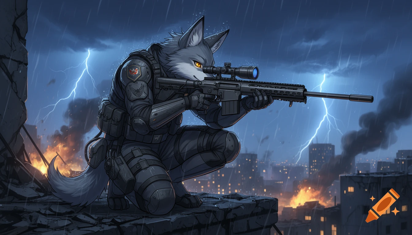 An anime-style anthropomorphic wolf soldier in tactical gear crouches on a ruined rooftop, aiming a sniper rifle in a rainy, lightning-filled, war-torn city.
