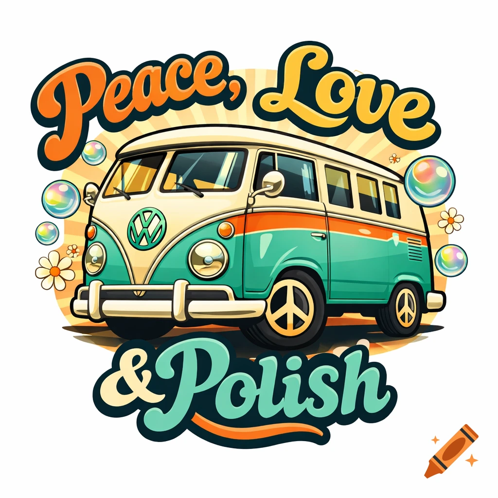 Retro logo of a teal and cream Volkswagen bus with "Peace, Love & Polish" text, bubbles, and flowers on a sunburst background.