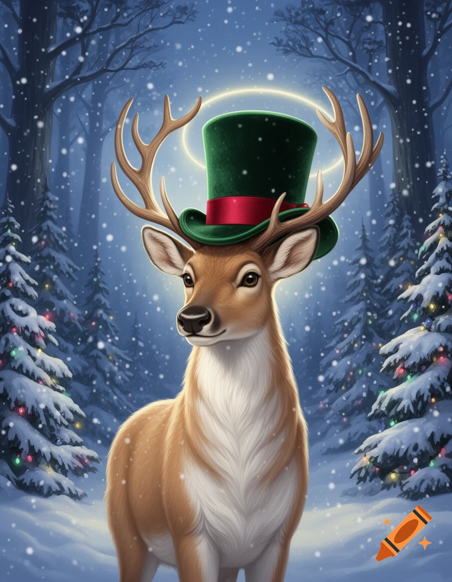 A festive reindeer with a green top hat and antlers stands in a snowy forest with falling snow and decorated Christmas trees.