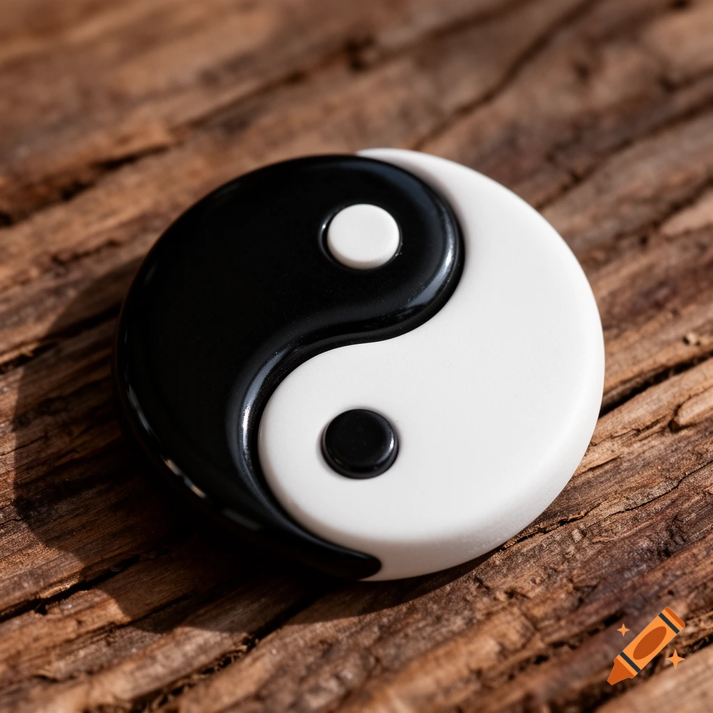 A white and black Yin Yang symbol rests on a rustic wooden surface, illuminated by a warm light.