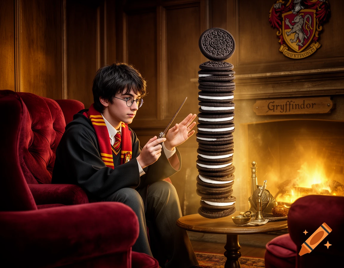 A young wizard in Gryffindor robes holds a wand, looking at a towering stack of Oreo cookies in a cozy common room setting.
