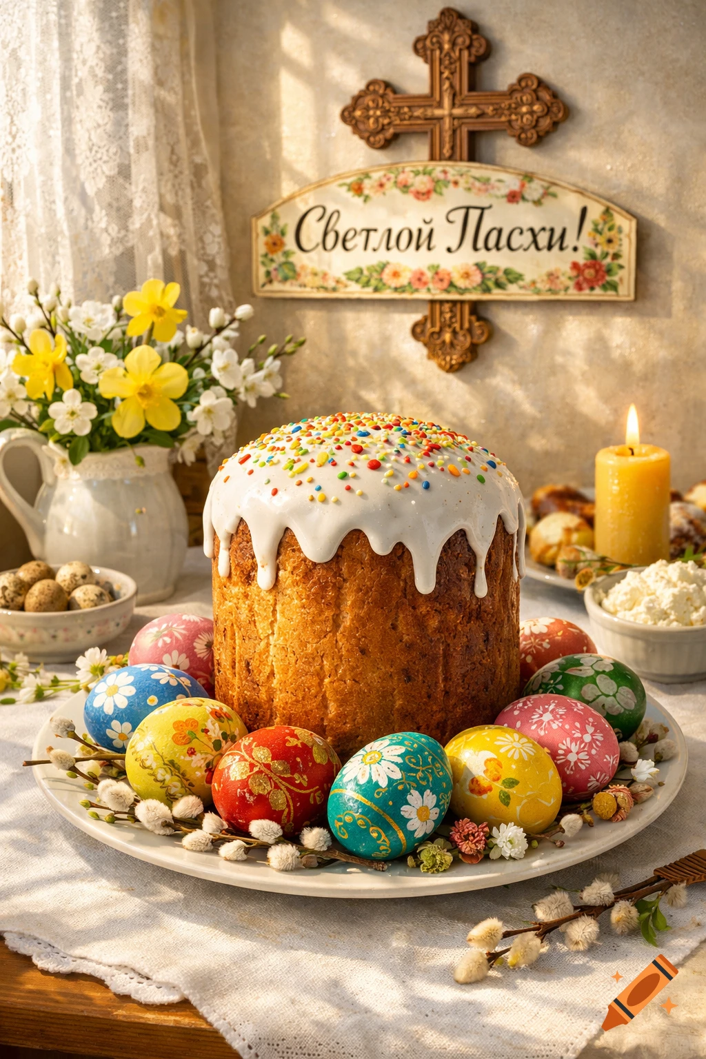 Photorealistic image of a kulich with icing and sprinkles, surrounded by decorated Easter eggs and willow branches on a table. A cross and candle are in the background.