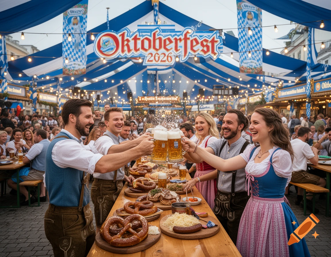People in traditional attire toast with beer mugs at Oktoberfest 2026, surrounded by food, pretzels, and festive blue-and-white decor.