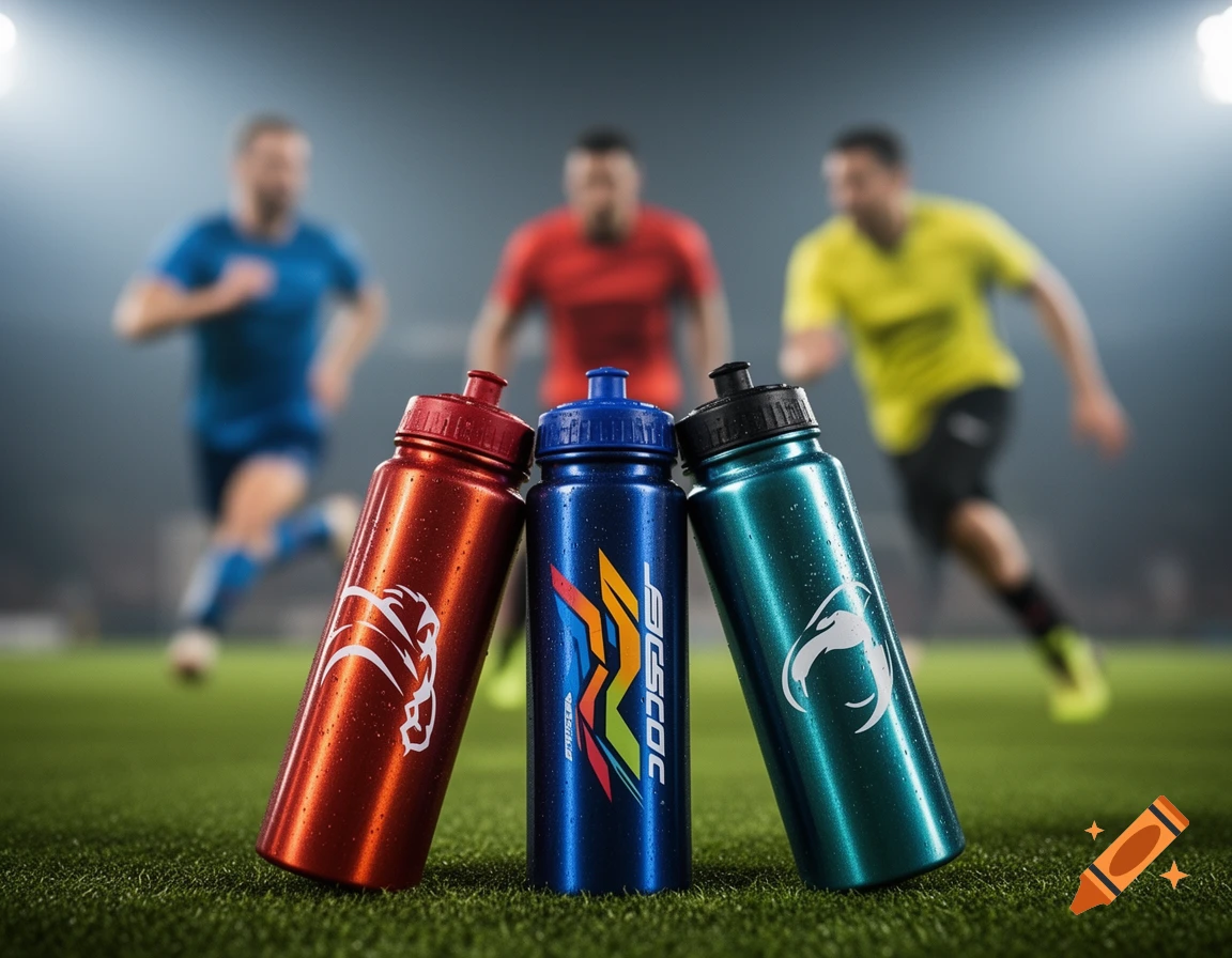 Three red, blue, and teal sports water bottles with condensation on a grassy field. Blurred athletes run in the background under stadium lights.