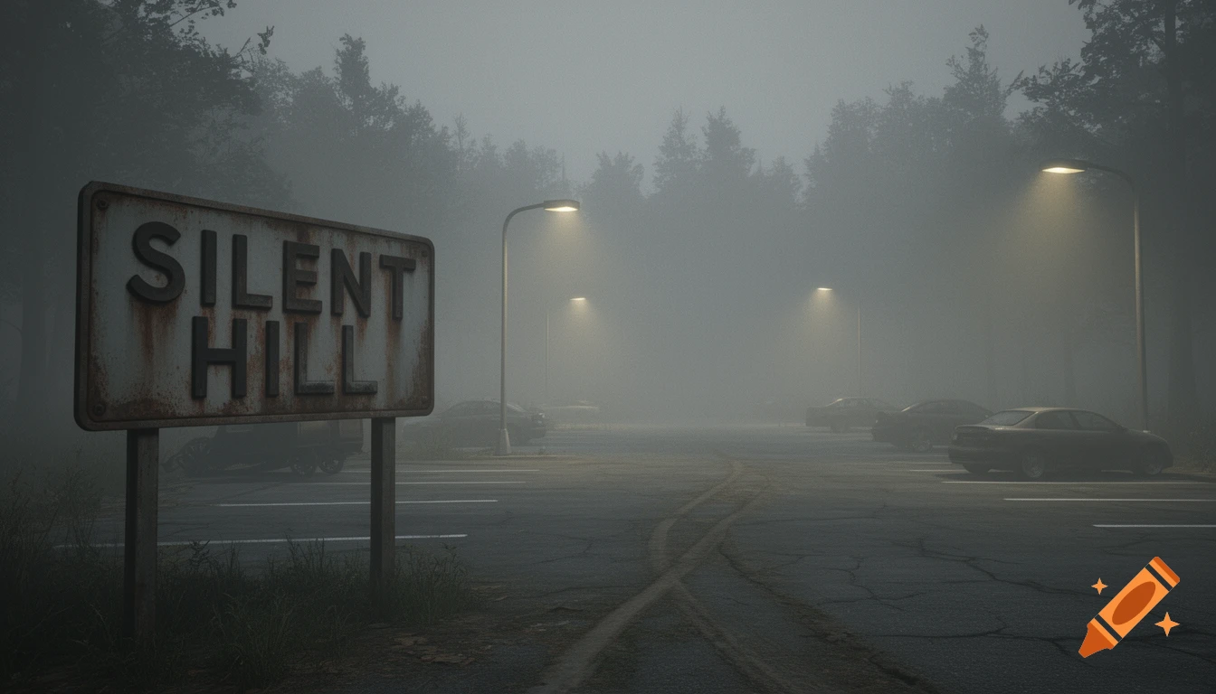 A weathered "Silent Hill" sign stands in a dense, foggy parking lot illuminated by streetlights, with blurred cars in the distance.