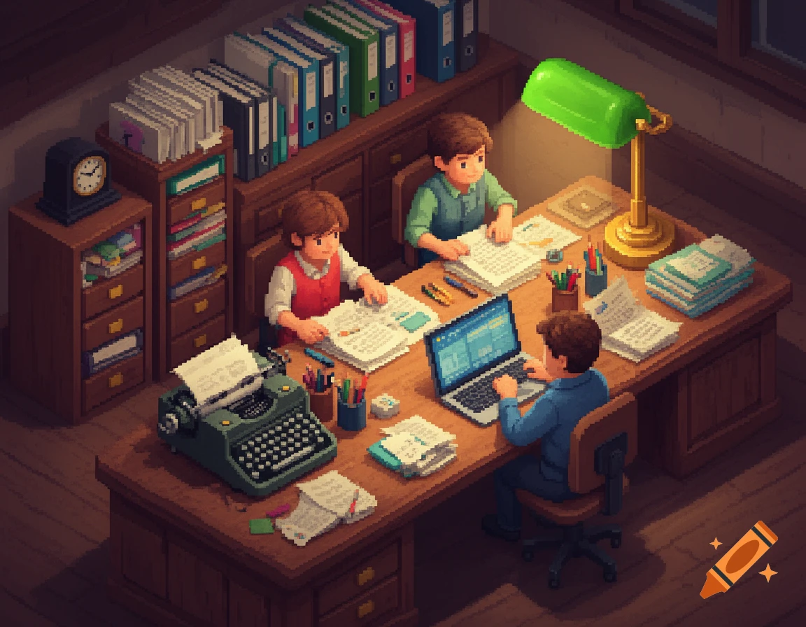 Pixel art isometric view of three people working at a large desk with papers, a laptop, and a typewriter.