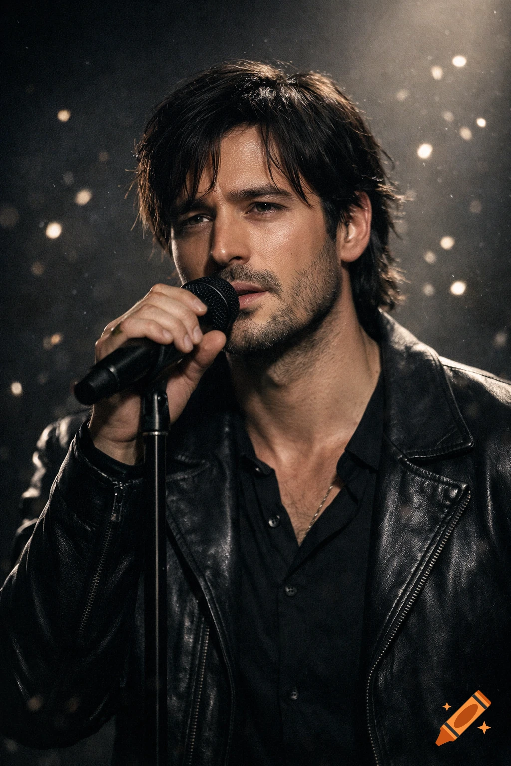 A photorealistic portrait of a male singer with dark hair and stubble, wearing a black leather jacket, singing into a microphone under a spotlight with glowing particles.