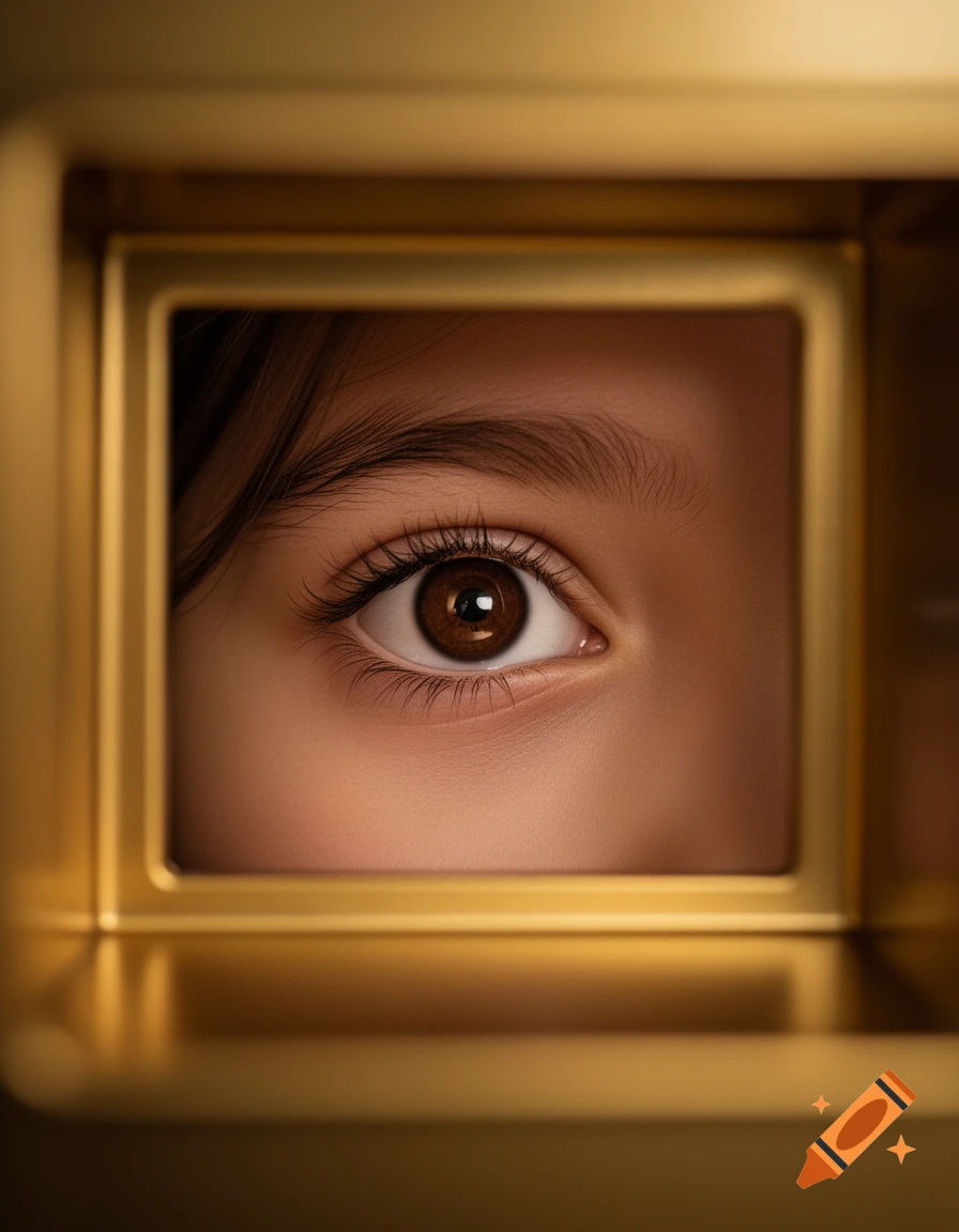 A photorealistic close-up of a brown eye looking through a square golden peephole in a golden box.