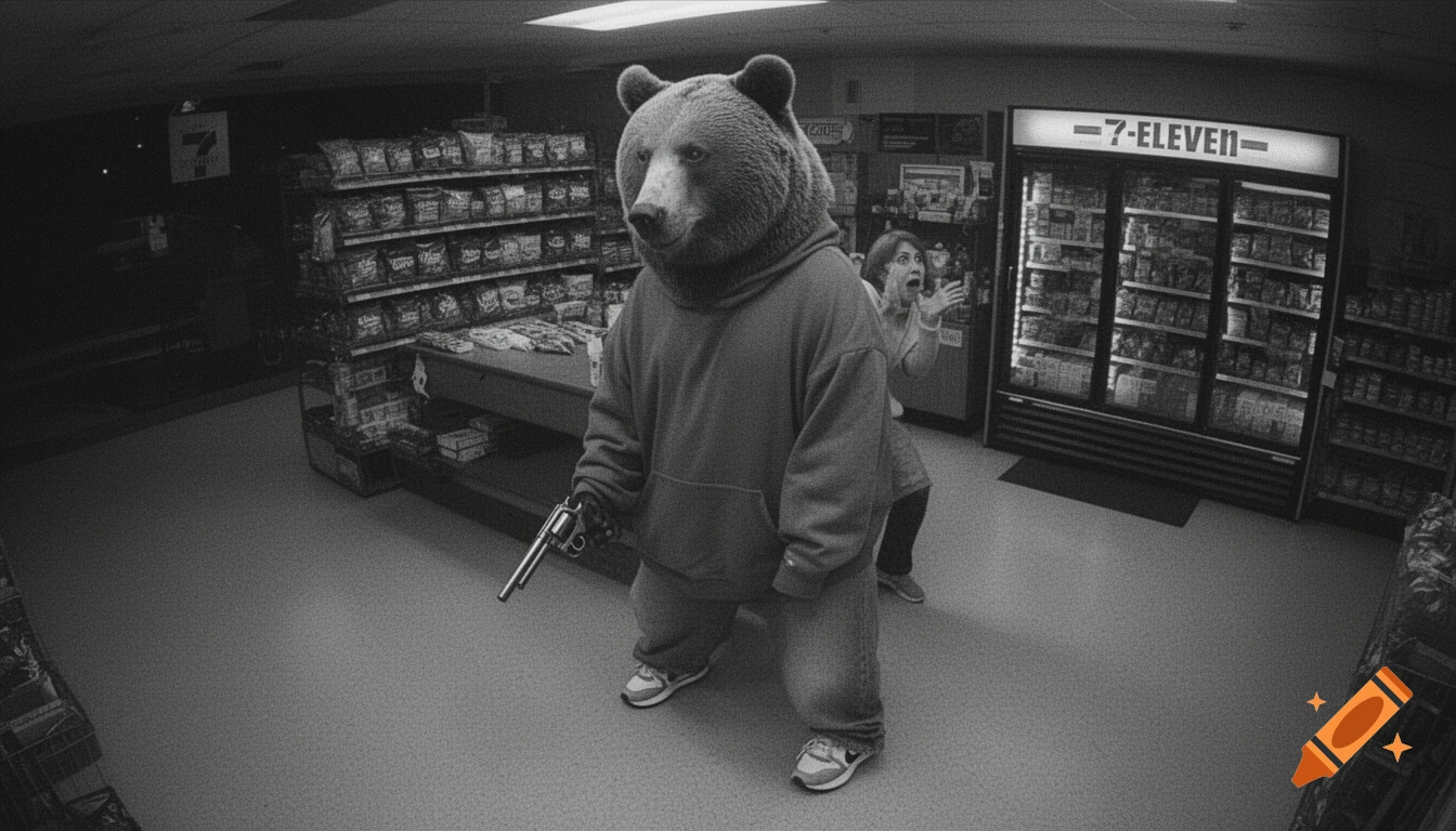 A person in a photorealistic bear mask and hoodie holds a revolver while robbing a 7-Eleven store at night, with a terrified cashier in the background.