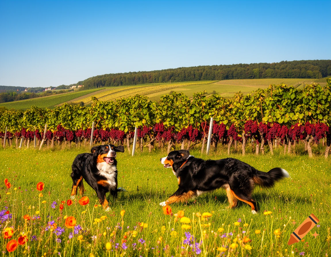 Two Bernese Mountain Dogs play in a vibrant meadow with colorful wildflowers. Rolling vineyards and hills are visible under a clear blue sky. Photorealistic.