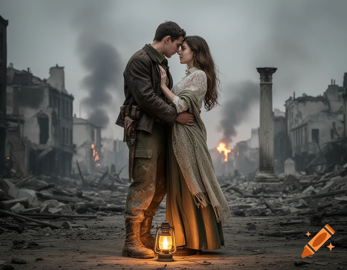 A man in soldier's attire and a woman in a dress embrace amidst the rubble of a war-torn city, illuminated by a lantern.