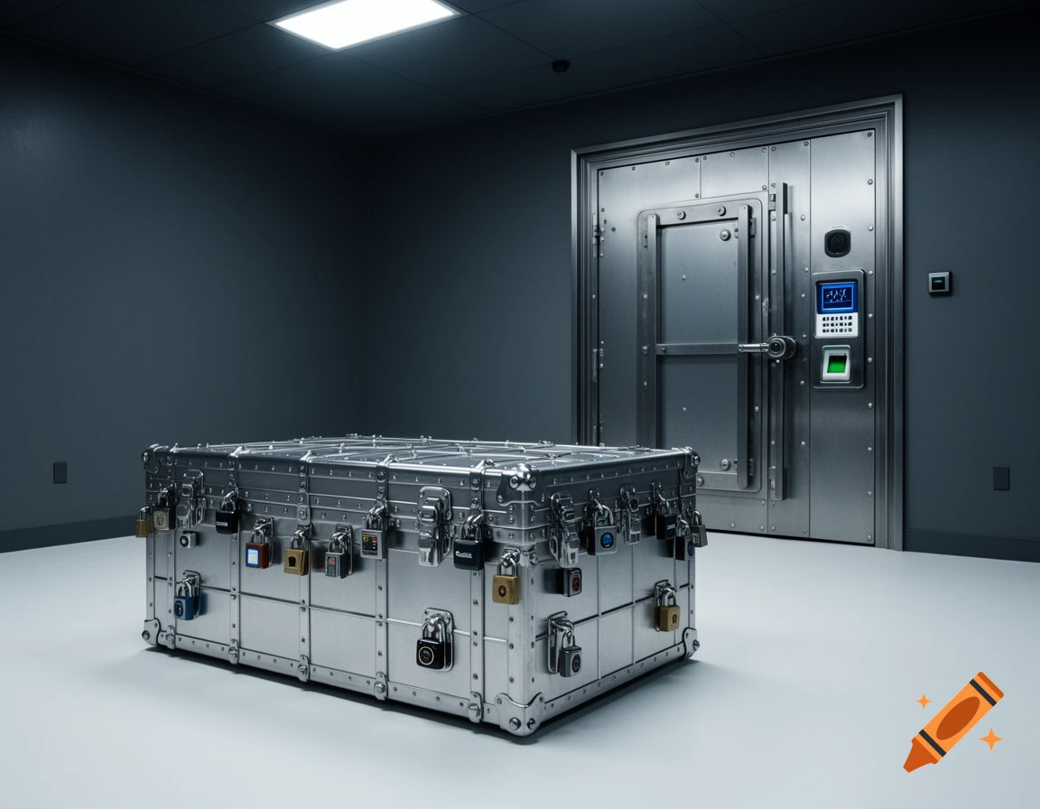 A heavily locked, metallic steamer trunk sits in a sterile, grey, windowless high-security room with a thick vault door.