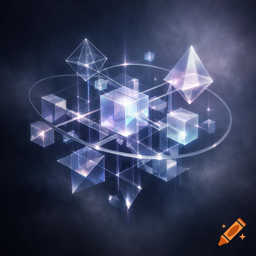 Abstract digital art with glowing, translucent geometric shapes like cubes, pyramids, and a ring, connected by light lines on a dark background.